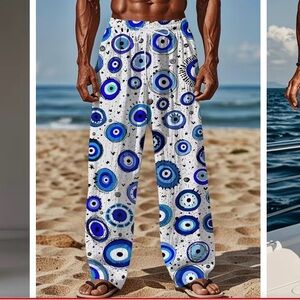 Mens  Greek evil eye Blue and White Patterned Beach lounge pj Pants XXL new